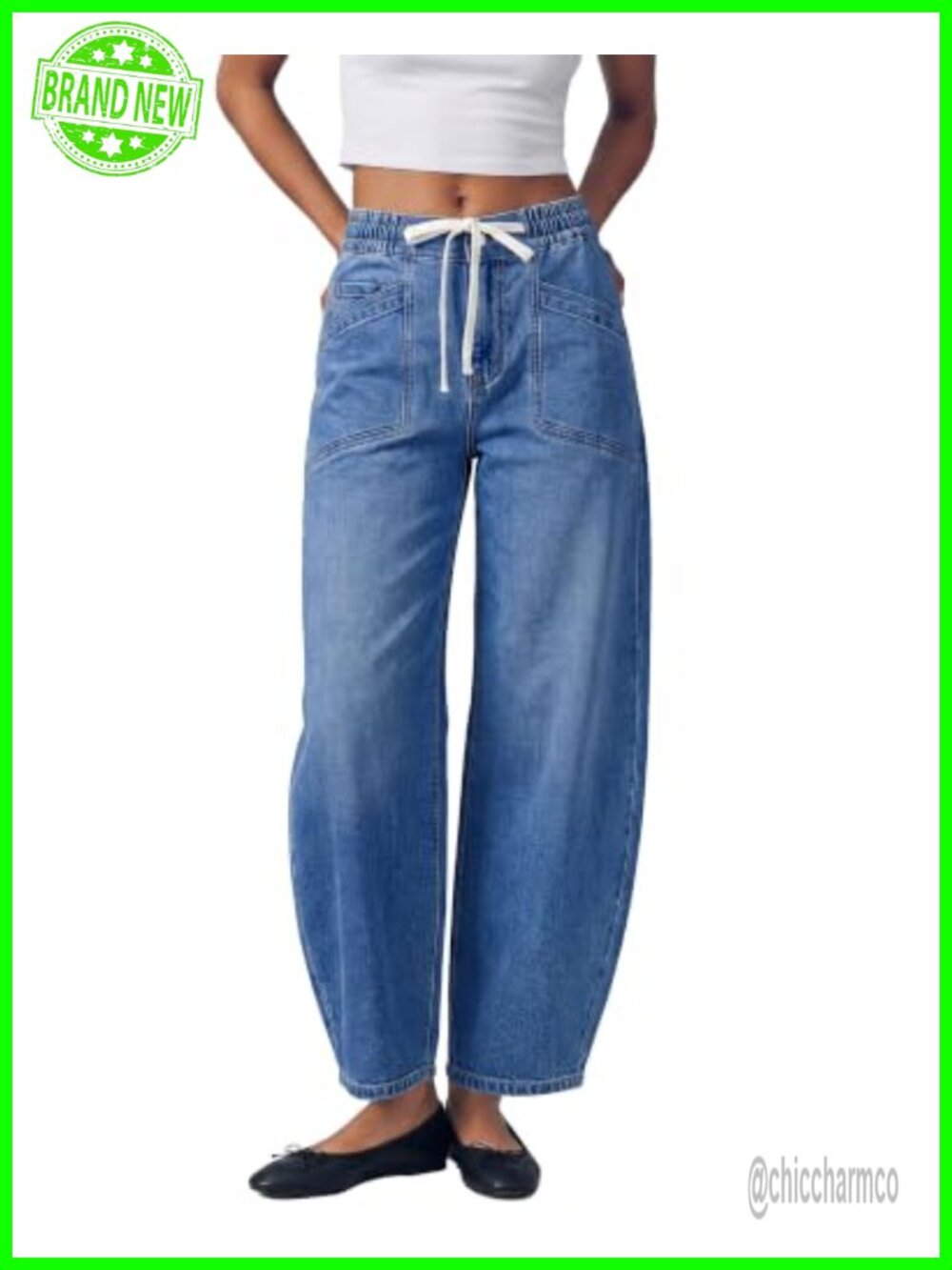 High Waisted Barrel Leg Jeans Elastic Waist Drawstring Ankle Denim Pants